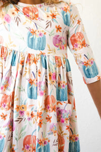 Harvest Bloom 3/4 Sleeve Pocket Twirl Dress