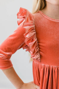 Terracotta Velvet Ruffle Twirl Dress