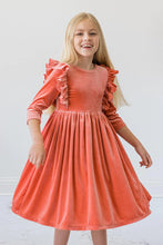 Load image into Gallery viewer, Terracotta Velvet Ruffle Twirl Dress