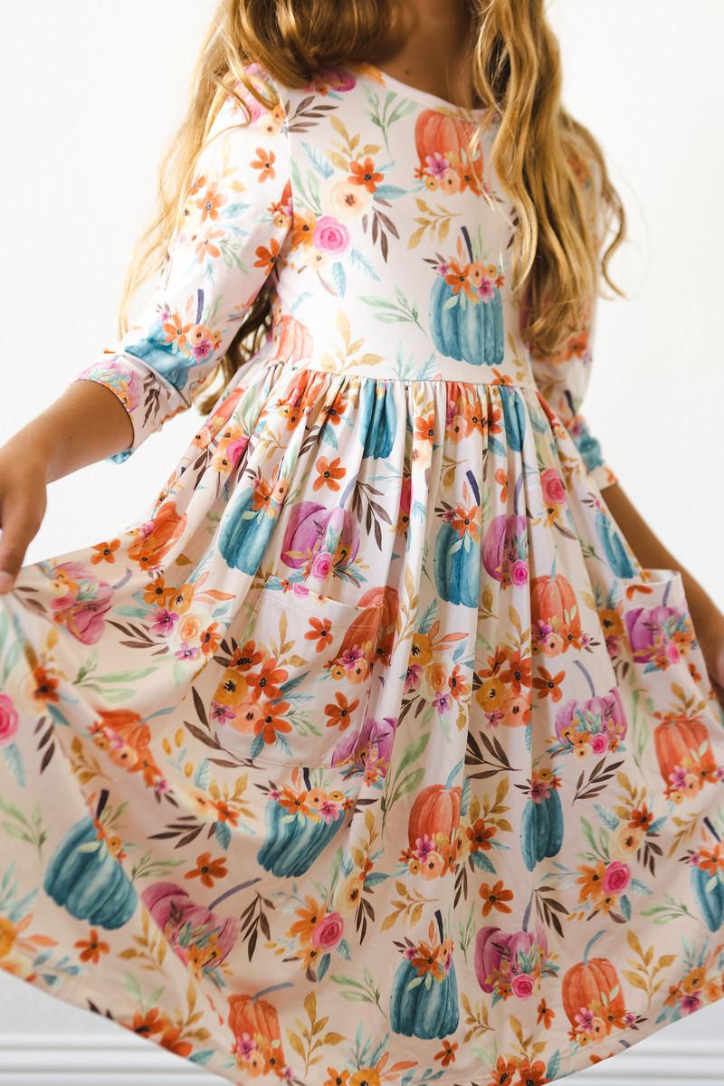 Harvest Bloom 3/4 Sleeve Pocket Twirl Dress