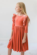 Load image into Gallery viewer, Terracotta Velvet Ruffle Twirl Dress